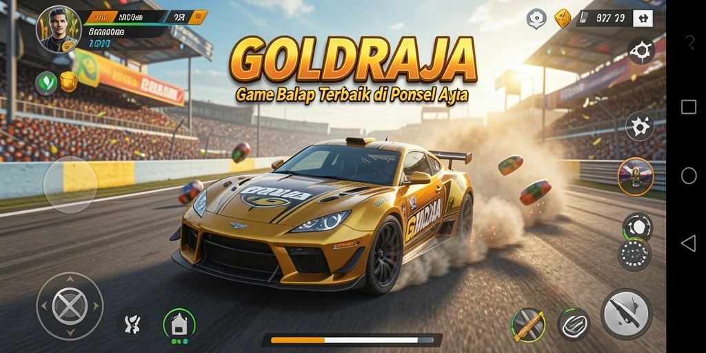 Screenshot gameplay <strong>GOLDRAJA</strong> menampilkan balapan seru dan grafik memukau.