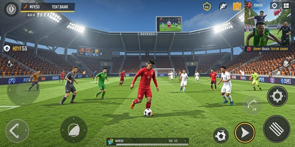 Screenshot gameplay HOYE55 dengan aksi pertandingan sepak bola yang mendebarkan.