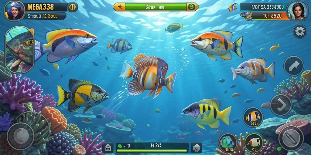 Tampilan gameplay seru dari MEGA338 dengan berbagai ikan untuk ditembak.