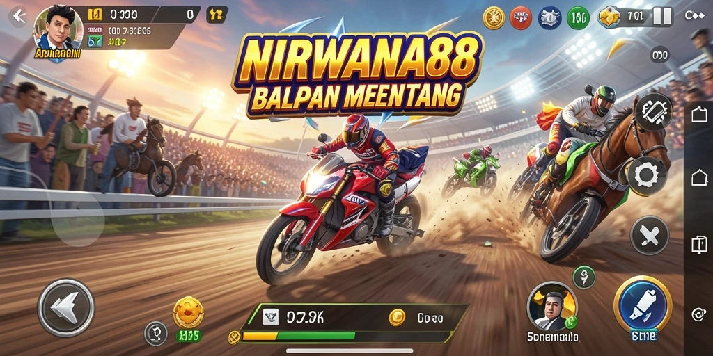 Screenshot gameplay NIRWANA88 dengan aksi balapan yang mendebarkan.