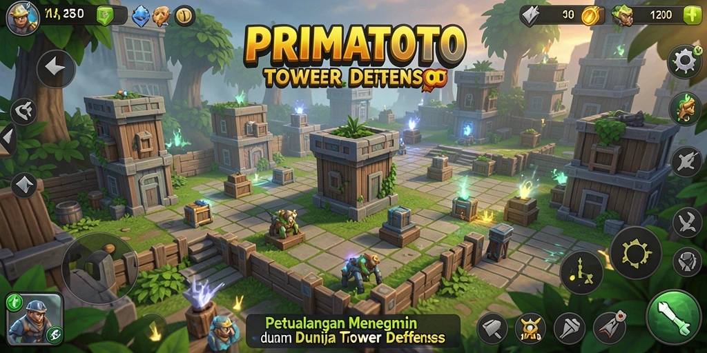 Screenshot PRIMATOTO menampilkan pertarungan strategi Tower Defense yang seru.