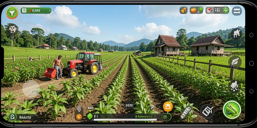Screenshot gameplay RAJAWALI55 yang menampilkan aktivitas bertani.