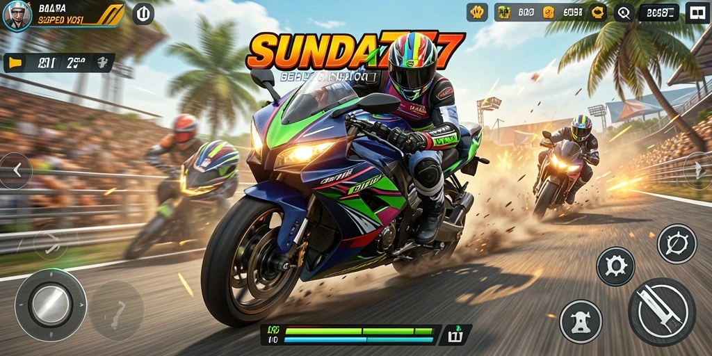 Gameplay SUNDA777 yang seru dengan balapan motor cepat.